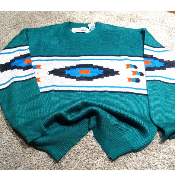 Vintage Red Sky Aztec Sweater L | 90s Southwestern Pullover Green Classic - Picture 1 of 9